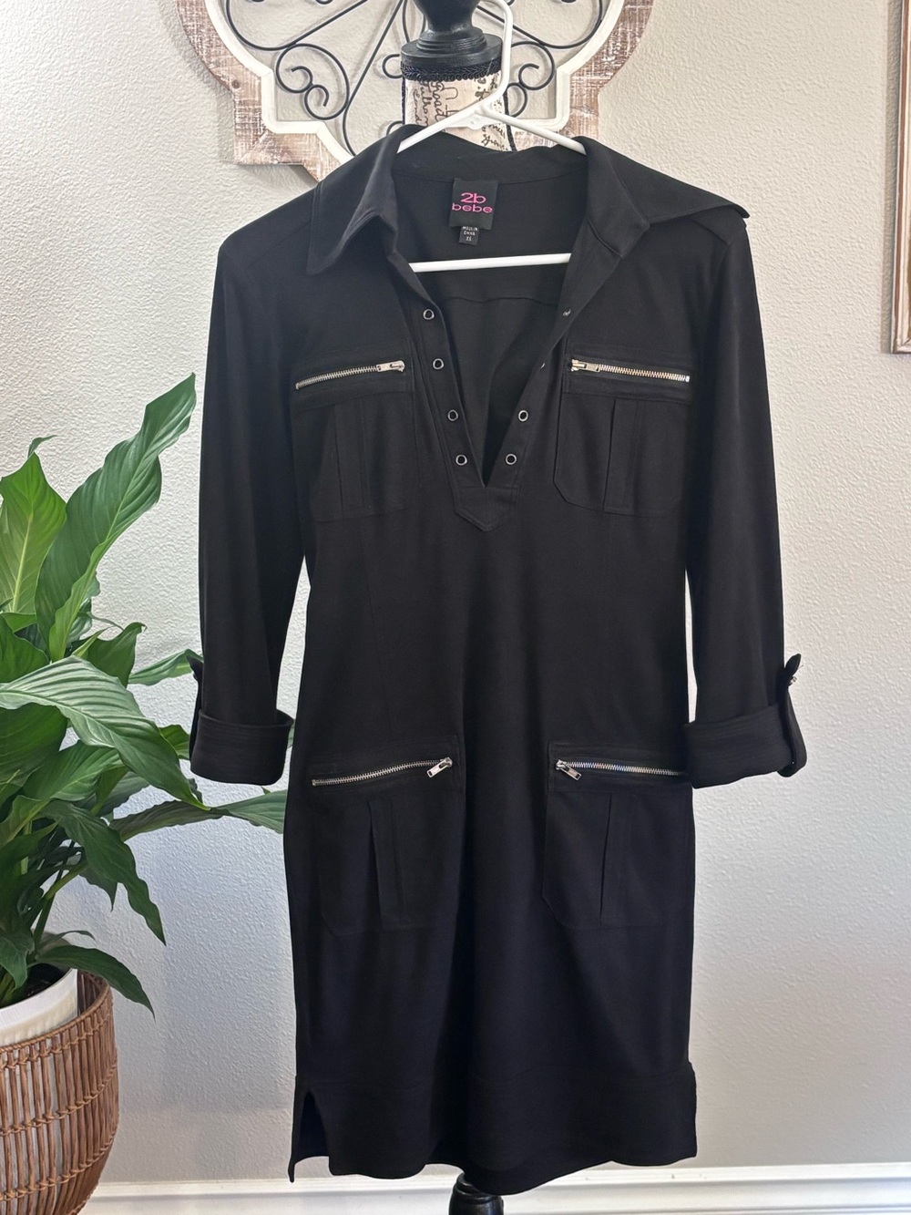 bebe Black Long-Sleeve Zip-Pocket Shirt Dress